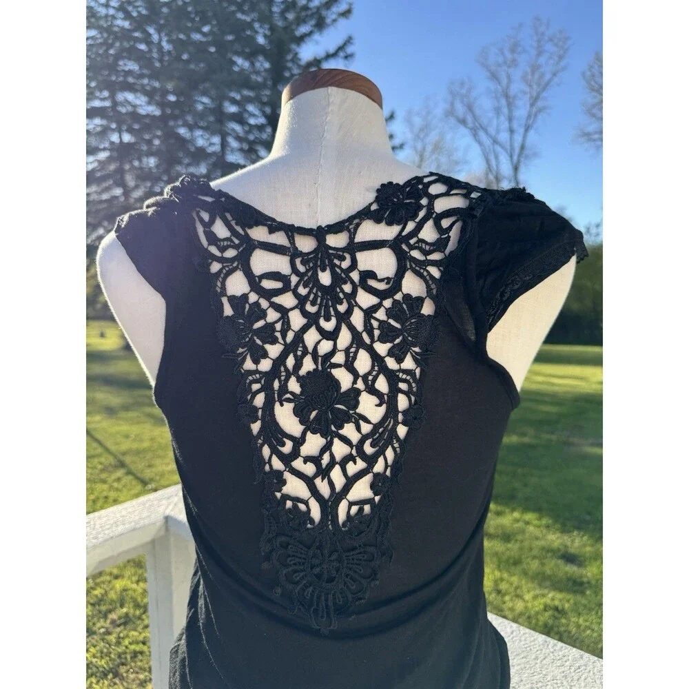 Free People Black Tank Top Blouse Lace Back Medium Boho Witchy Festival